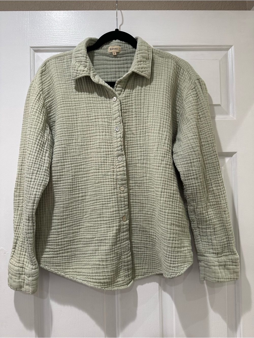 DONNI Waffle Cotton Button Down Shirt Sage Green Size S Made in USA